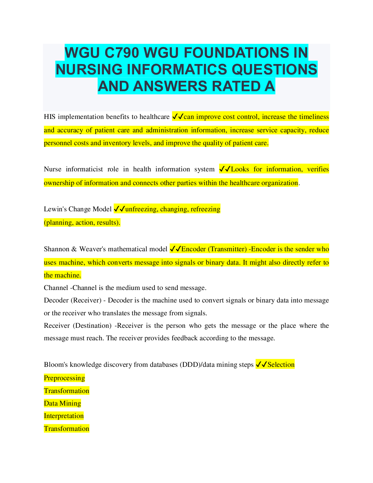 Preview image for WGU C790 WGU FOUNDATIONS IN NURSING INFORMATICS QUESTIONS AND ANSWERS RATED A